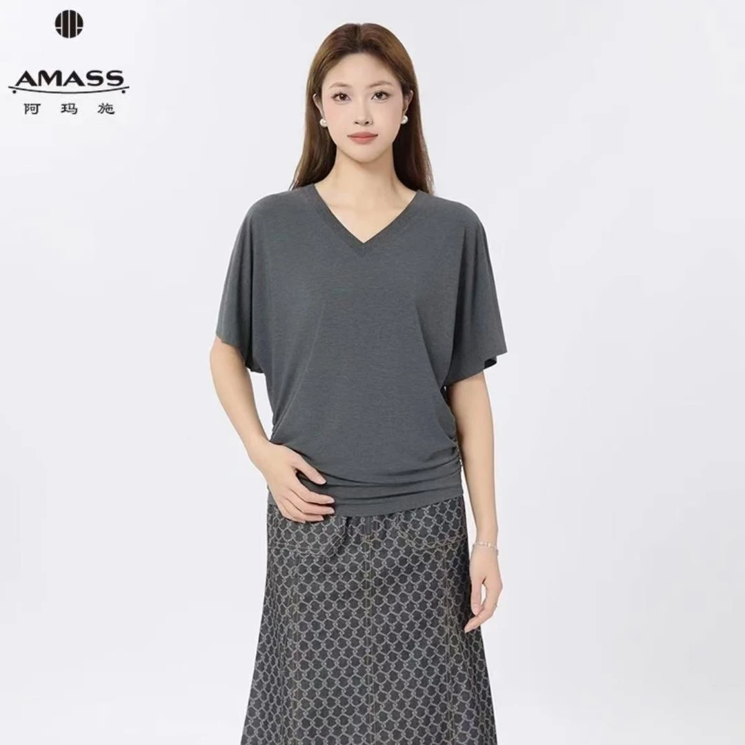 AMASS/阿玛施夏季薄款时尚休闲短袖简约百搭速干灰色V领t恤530081