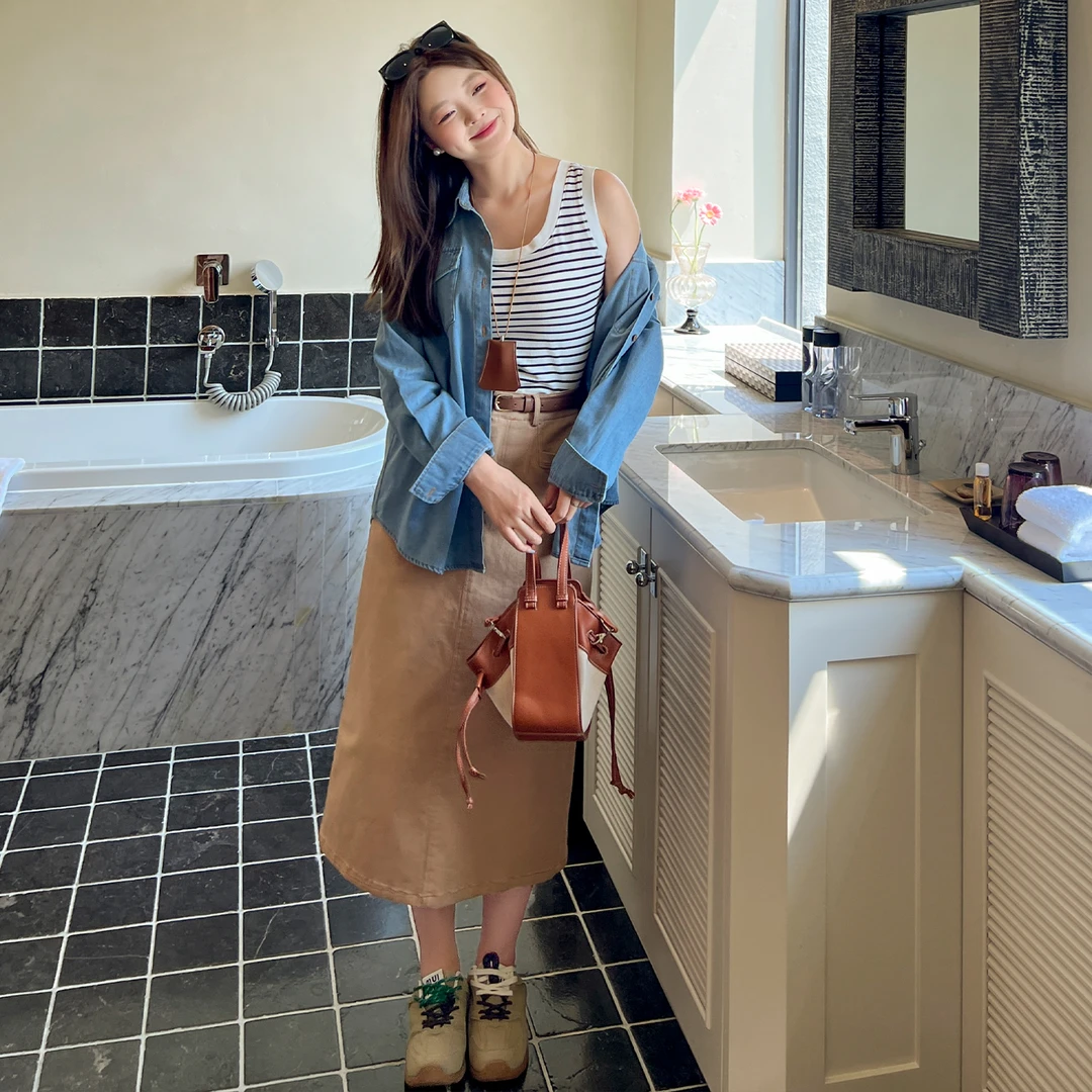 【轻氧穿搭】大码百分百秋简约百搭轻氧卡其色牛仔直筒半身裙1933