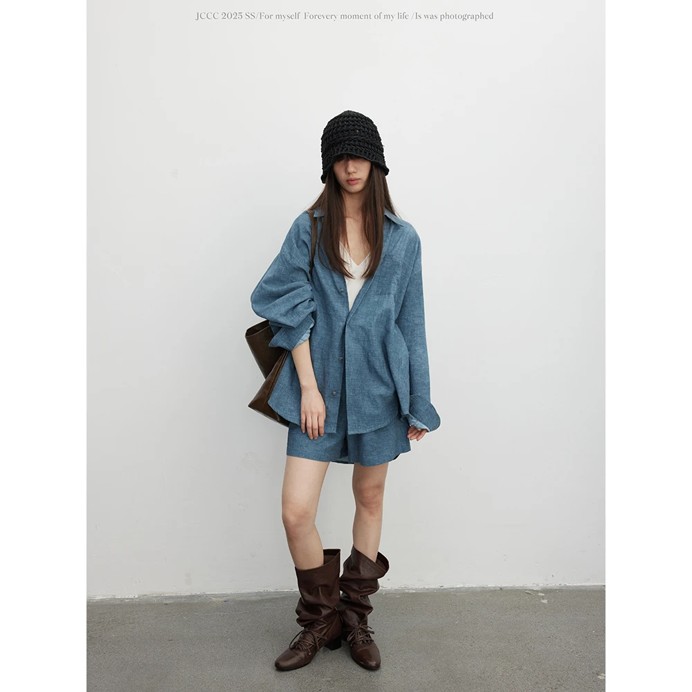 JCCC影子【蓝调日记】复古水洗蓝廓形短袖衬衫短裤套装JE5ASC12