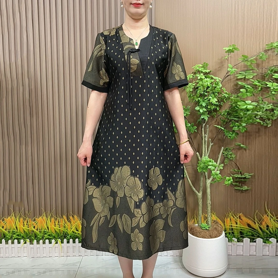 妈妈装短袖V领高端夏季新款波点复古花色中长版妈妈装大码连衣裙