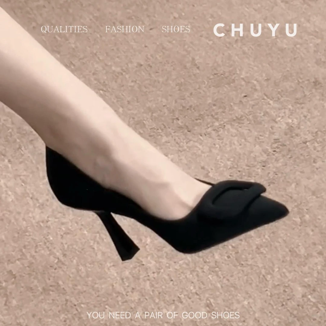 法式尖头黑色方扣高跟鞋女细跟2025新款职业浅口OL风单鞋气质百搭