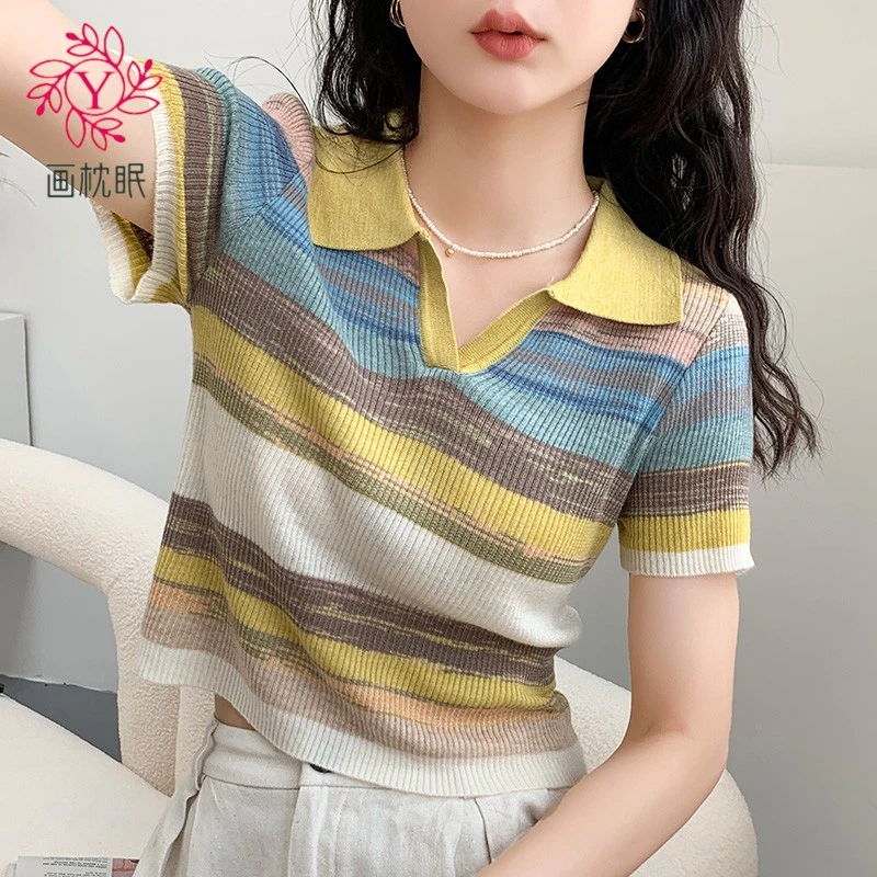 画枕眠polo领t恤女短袖夏新款百搭修身V领针织体恤翻领短款上衣薄