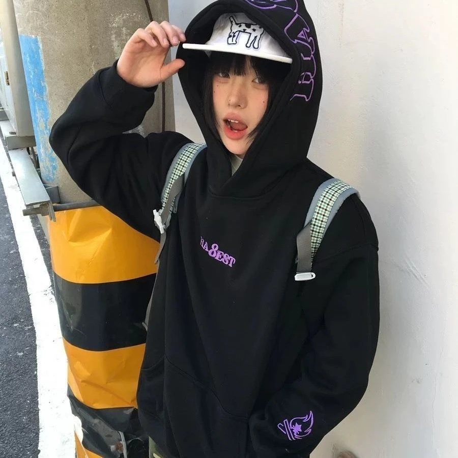 美式字母小火苗刺绣连帽卫衣女秋冬2025新款小个子设计感情侣外套