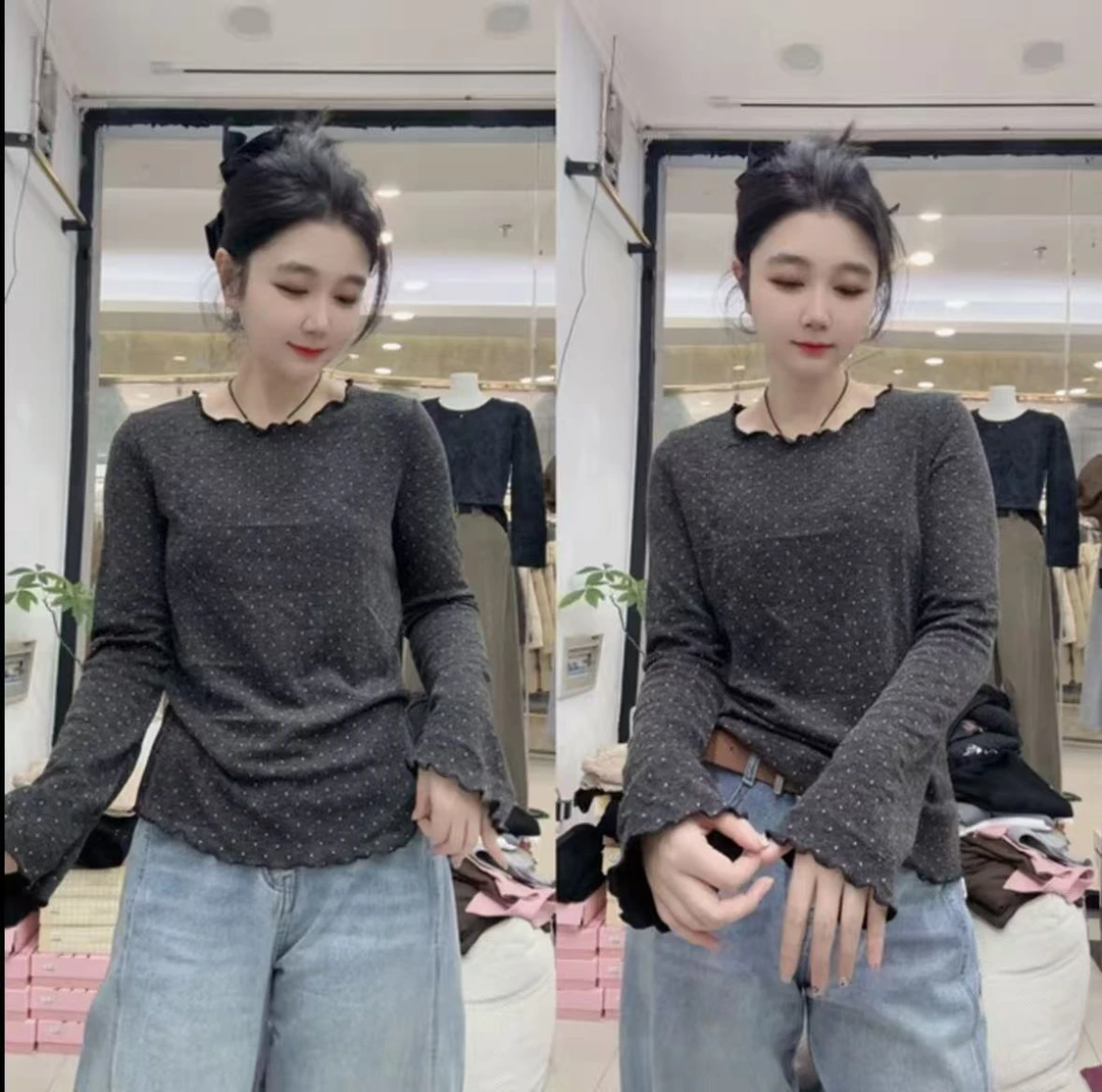 大码显瘦点点时尚洋气花边衫