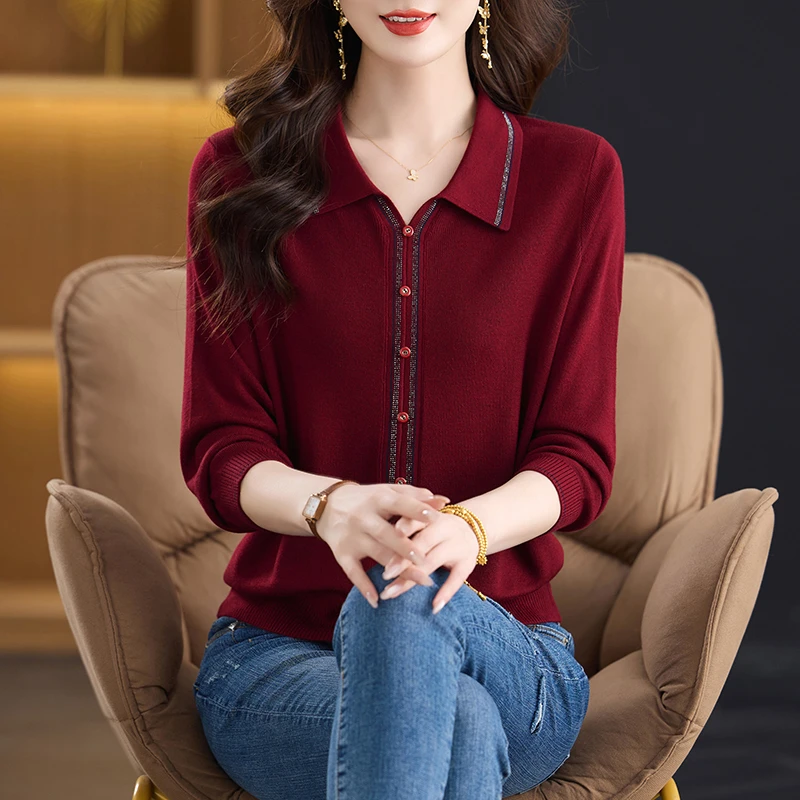 春秋针织上衣长袖T恤中老年大码女装洋气翻领妈妈装时尚新款毛衣