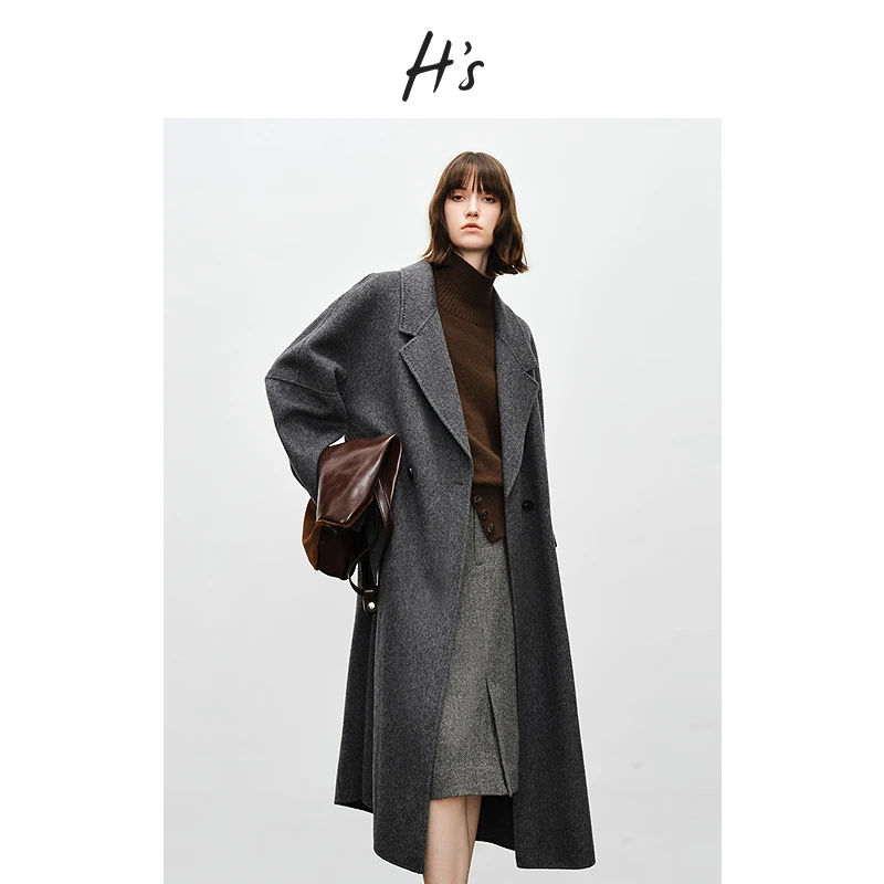 HS绵羊毛大衣女2024冬季新款极简修身保暖双面毛呢外套