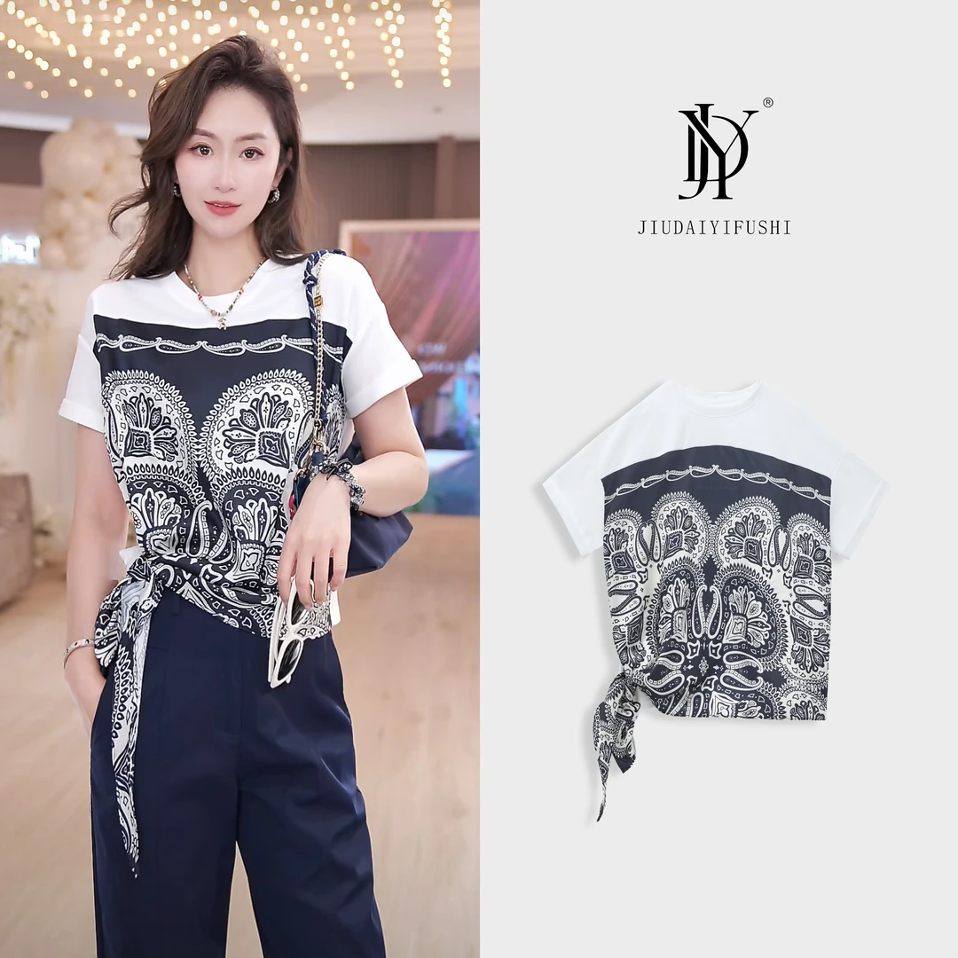 玖黛衣现货【花漾精灵】新款百搭显瘦花纹休闲风高级感T恤 TXJ40869