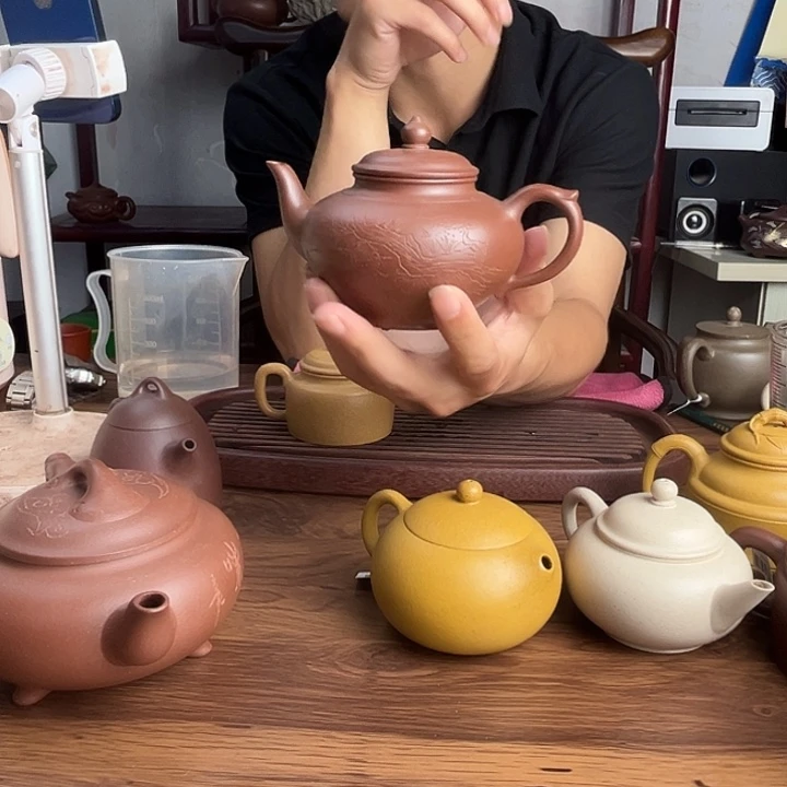 紫砂茶壶原矿老紫泥刻绘220cc笑樱紫砂壶