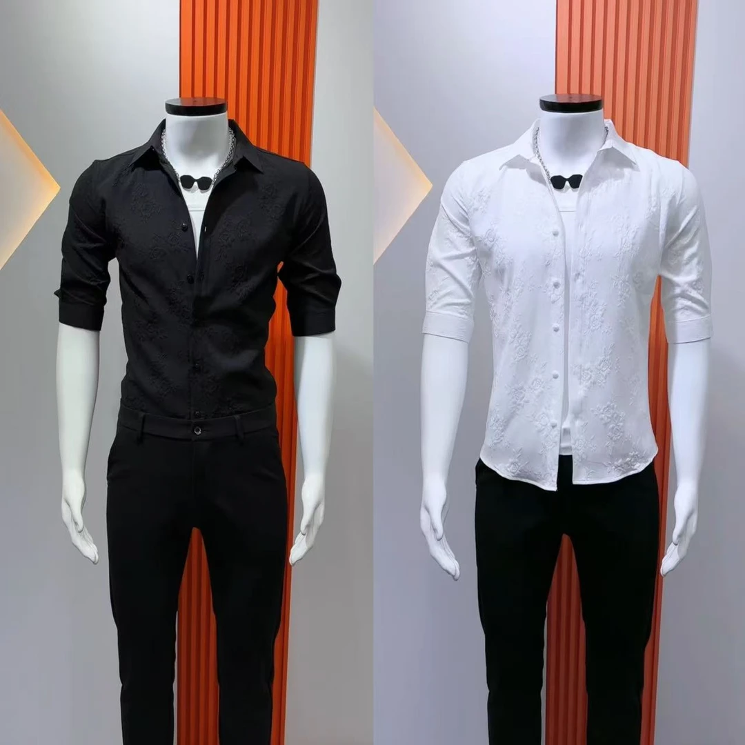 夏季男士新款衬衫时尚潮流纯色修身百搭衬衣韩版透气薄款中袖衬衫