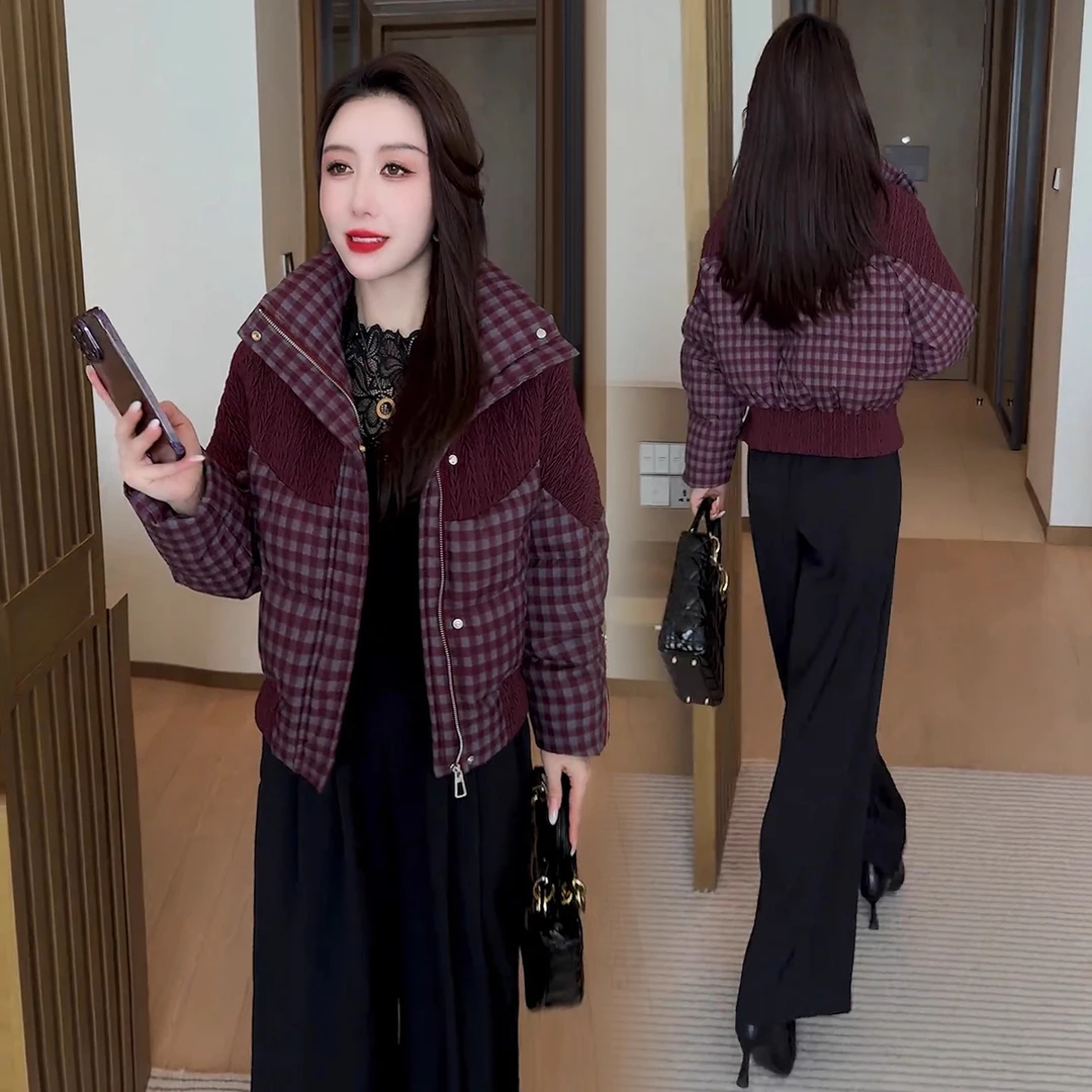 时尚短款格子棉服女冬季新款洋气宽松显瘦加厚保暖小个子棉衣外套