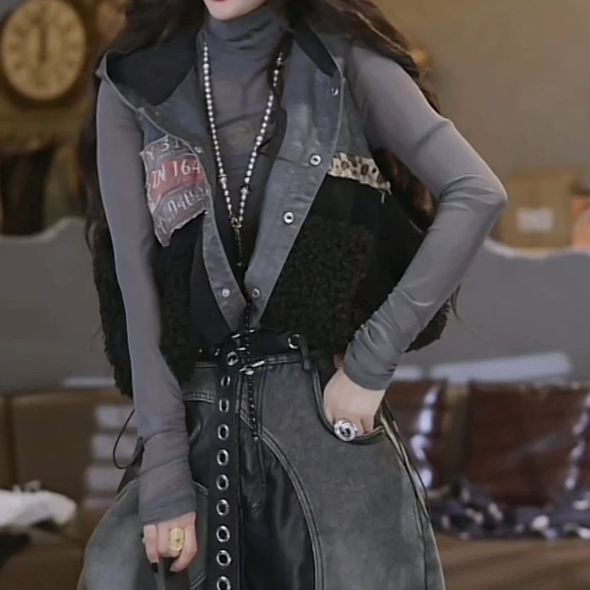 拼羔毛连帽韩版宽松棉马甲