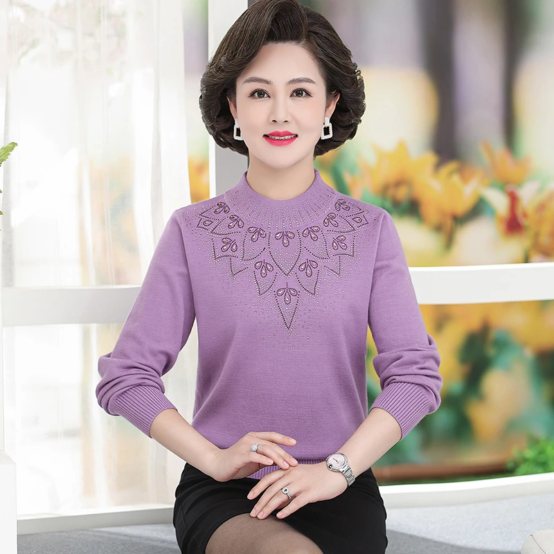 秋冬中老年女装打底衫老年人妈妈装毛衣纯色针织衫