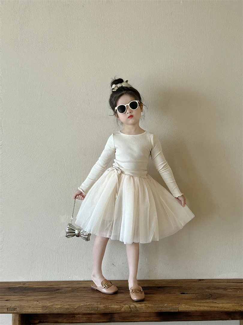 系带坑条打底衫弹力上衣米色内搭简约韩系春夏女童新款2025