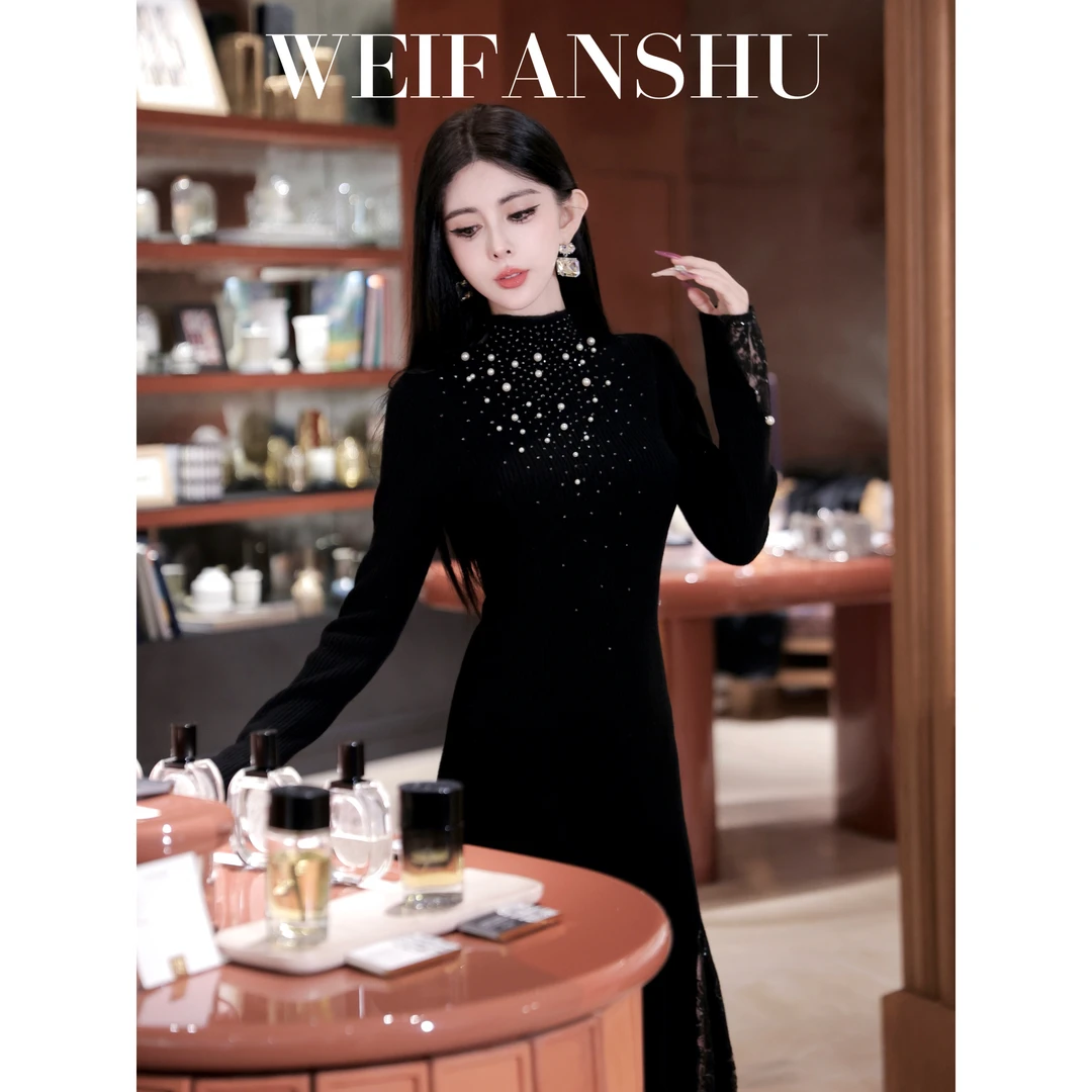 WEIFANSHU/魏凡舒【月下翩跹】秋冬新款蕾丝拼接羊毛针织优雅连衣裙
