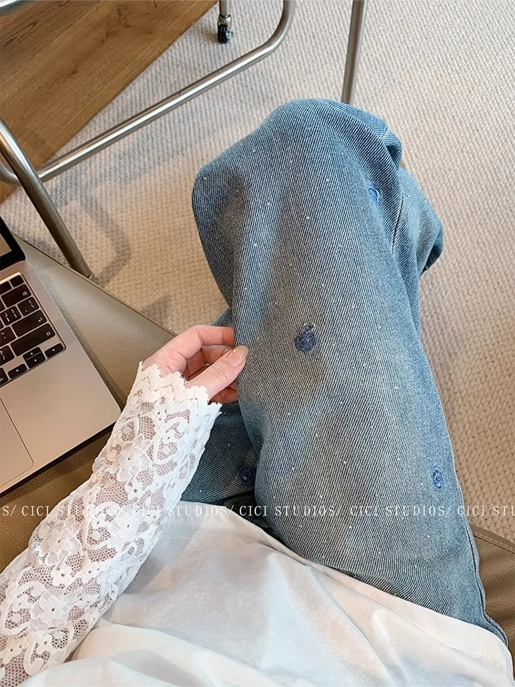 复古水洗蓝烫钻刺绣直筒牛仔裤女2025春夏新款大码高腰显瘦休闲裤