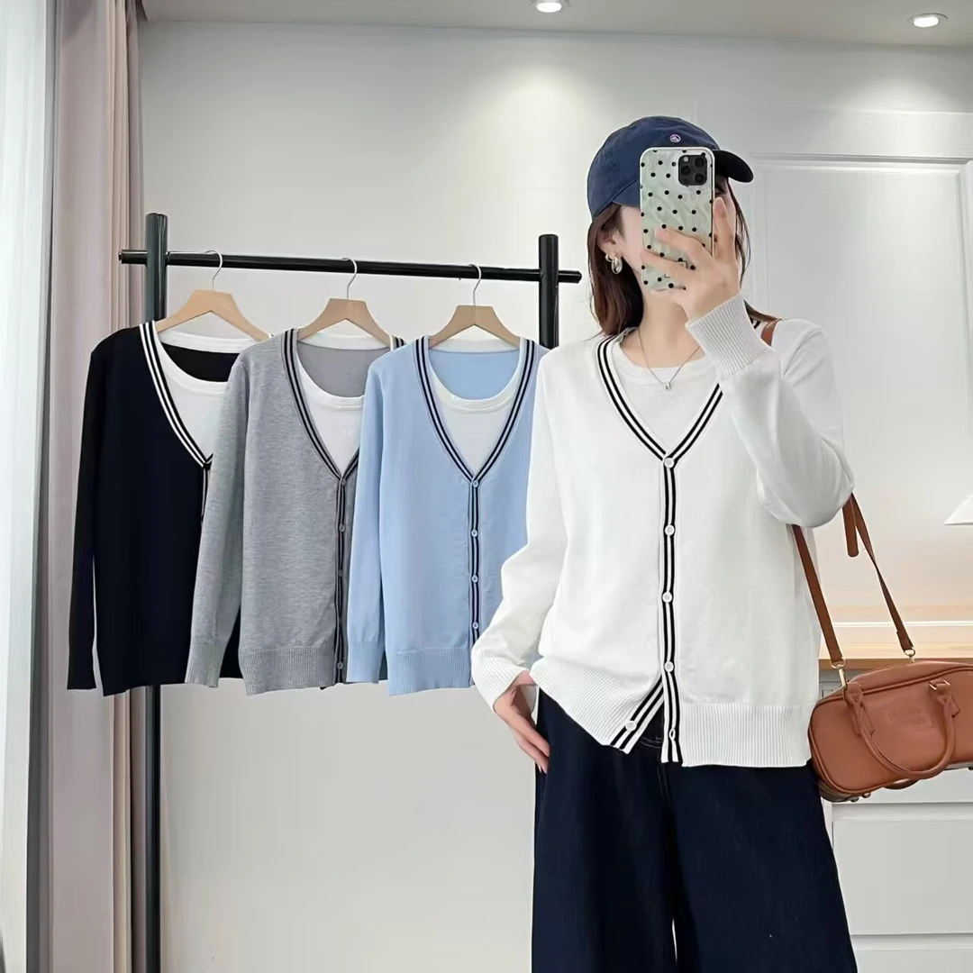 大码胖mm洋气减龄百搭假两件撞色针织衫秋季新款气质显瘦上衣2631