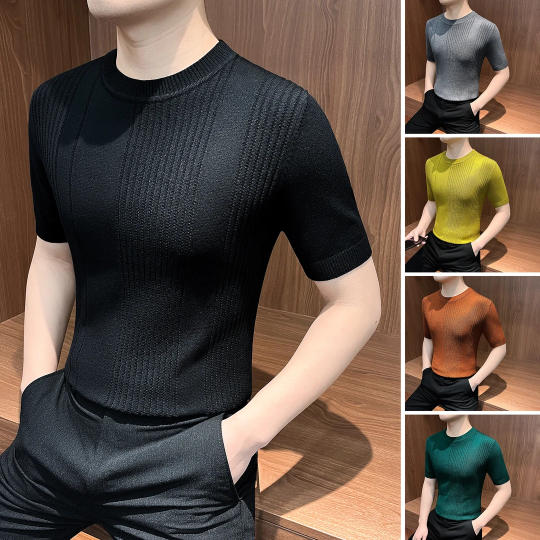 条纹短袖T恤男款秋季痞帅高级感男装修身百搭针织男士半袖打底衫
