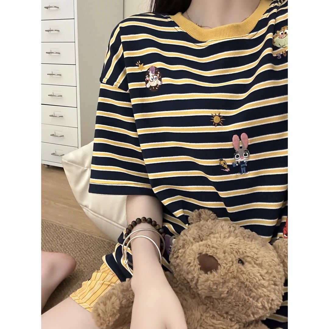 可爱卡通印花黄色条纹睡衣女款夏季2025新款短袖短裤家居服套装女