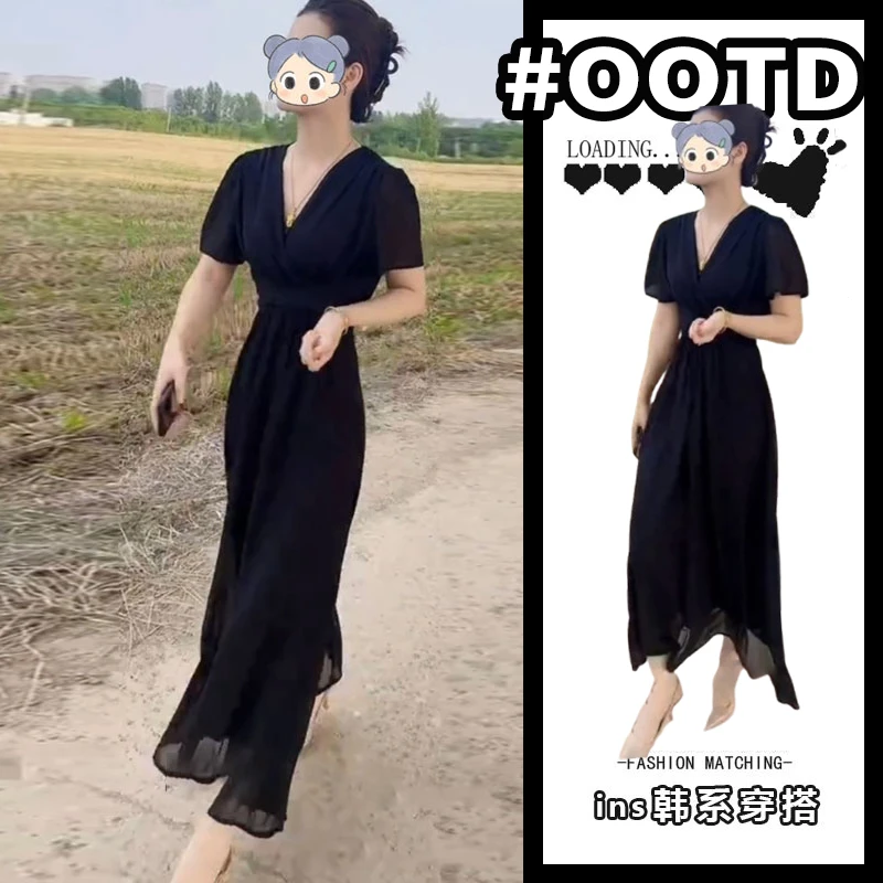 2025夏季新款女神范高级感洋气减龄气质V领长款短袖黑色连衣裙潮