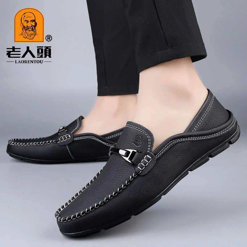 老人头真皮韩版豆豆鞋男款2025新款爆款一脚蹬商务休闲皮鞋乐福鞋