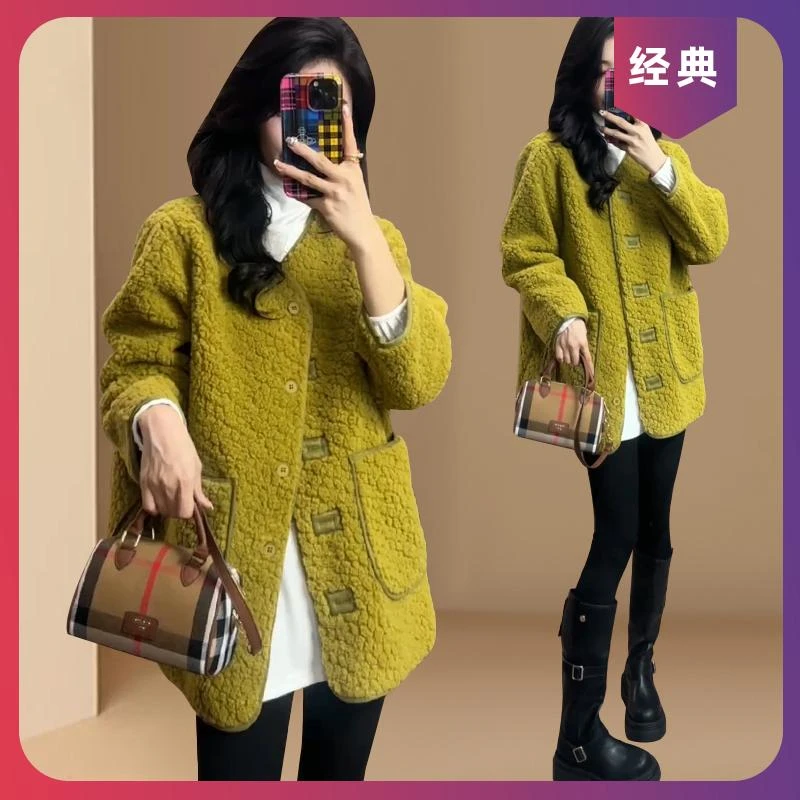 2025秋冬新款韩版包边大口袋宽松高级感外套时尚加厚毛毛外套女潮