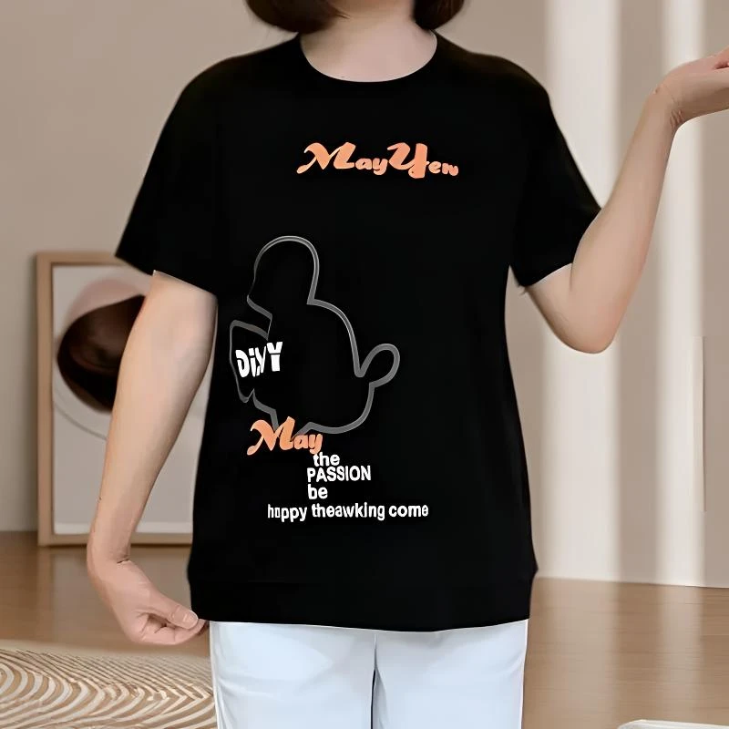 大码款夏季韩版简约通勤休闲短袖常规款T恤圆领百搭宽松女士上衣