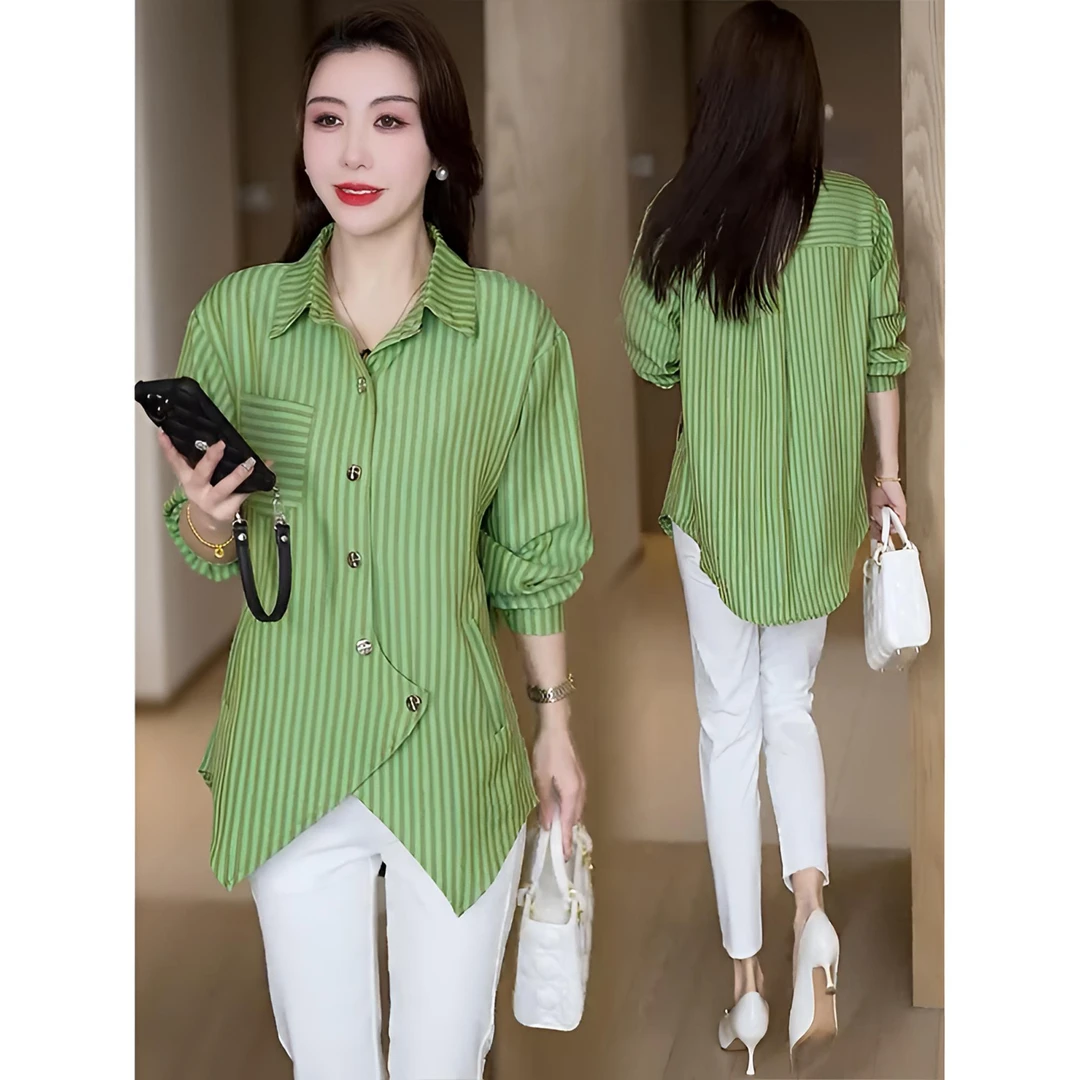 时尚长袖衬衫女2025春季新款竖条纹不规则上衣中长款显瘦遮肉衬衣
