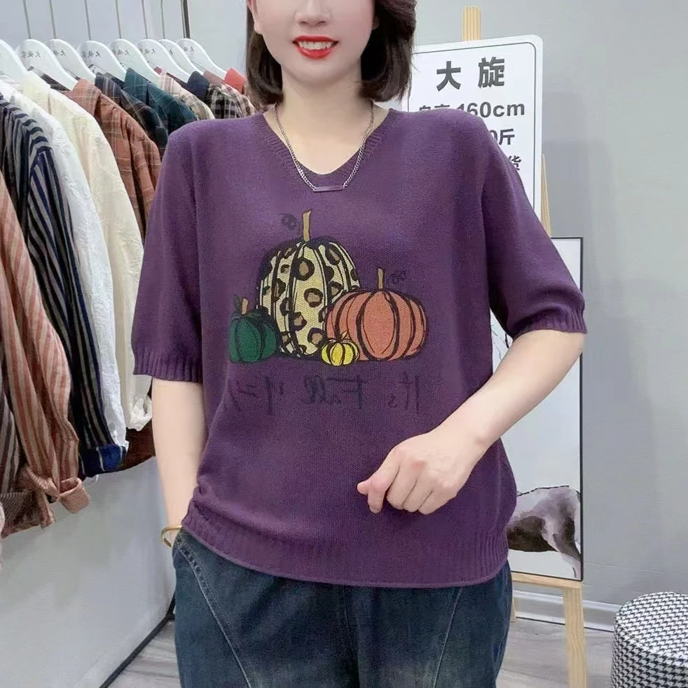 夏季短袖时尚休闲宽松型T恤韩版显瘦印花短袖V领套头衫女