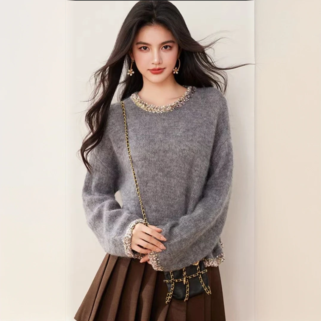 冬季扎染套头毛针织衫显瘦长袖百搭秋冬圆领衫气质毛衣针织0179