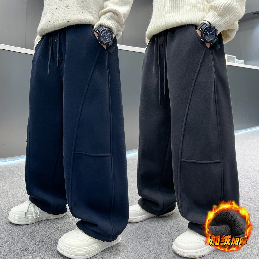 男童加绒卫裤儿童加厚一体绒运动秋冬款长裤中大童冬装弯刀裤子潮