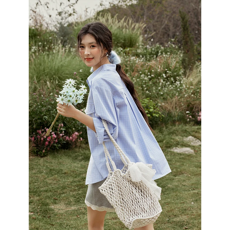 【年中大促】谜秀新品蓝色格子衬衫夏季女春款通勤基础款长袖衬衣