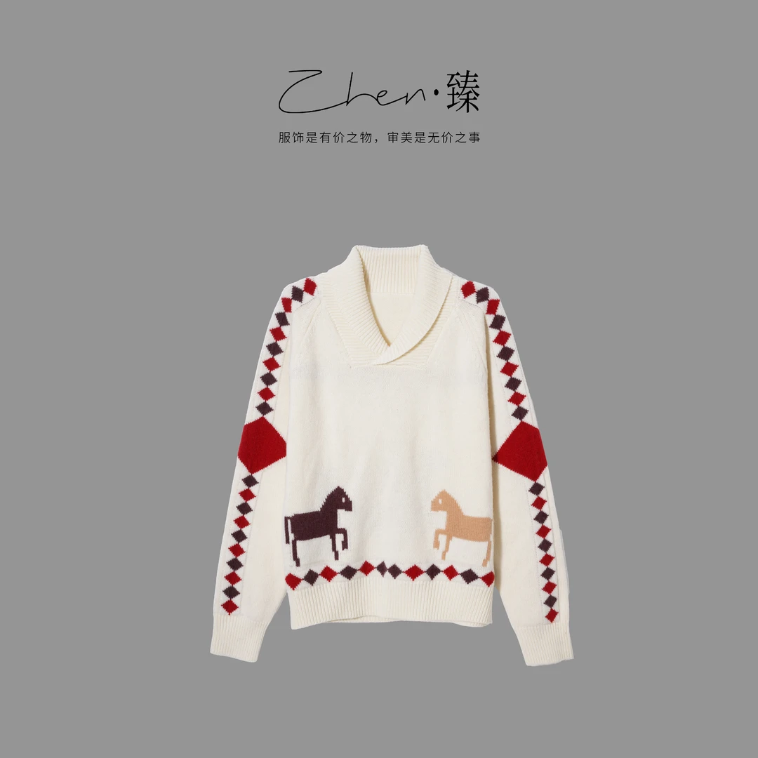 ZHEN.臻 菱格小马老钱风全羊毛翻领螺纹长袖针织毛衣MY9406Z