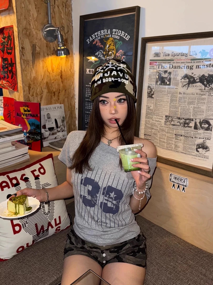 【好美式呀】新款甜酷斜肩露肩短袖显瘦辣妹夏季上衣#618