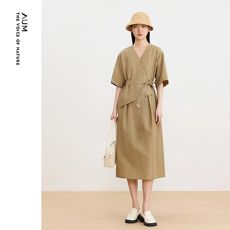 AUM/噢姆2025年夏季新款系带结构中式斜襟连衣裙长裙M1EG25926