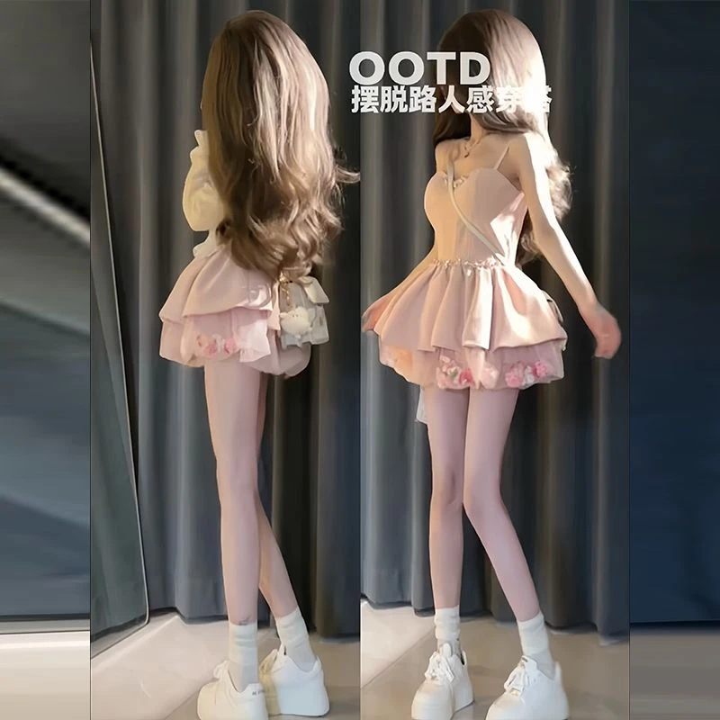 夏季穿搭一整套女甜美超仙女雪纺开衫纯欲风百褶花苞连衣裙两件套