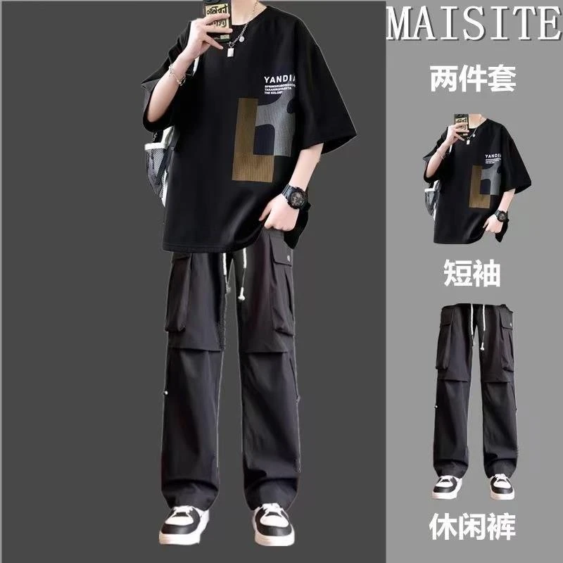 休闲套装男夏季新款美式潮牌穿搭一套短袖t恤搭配个性痞帅工装裤
