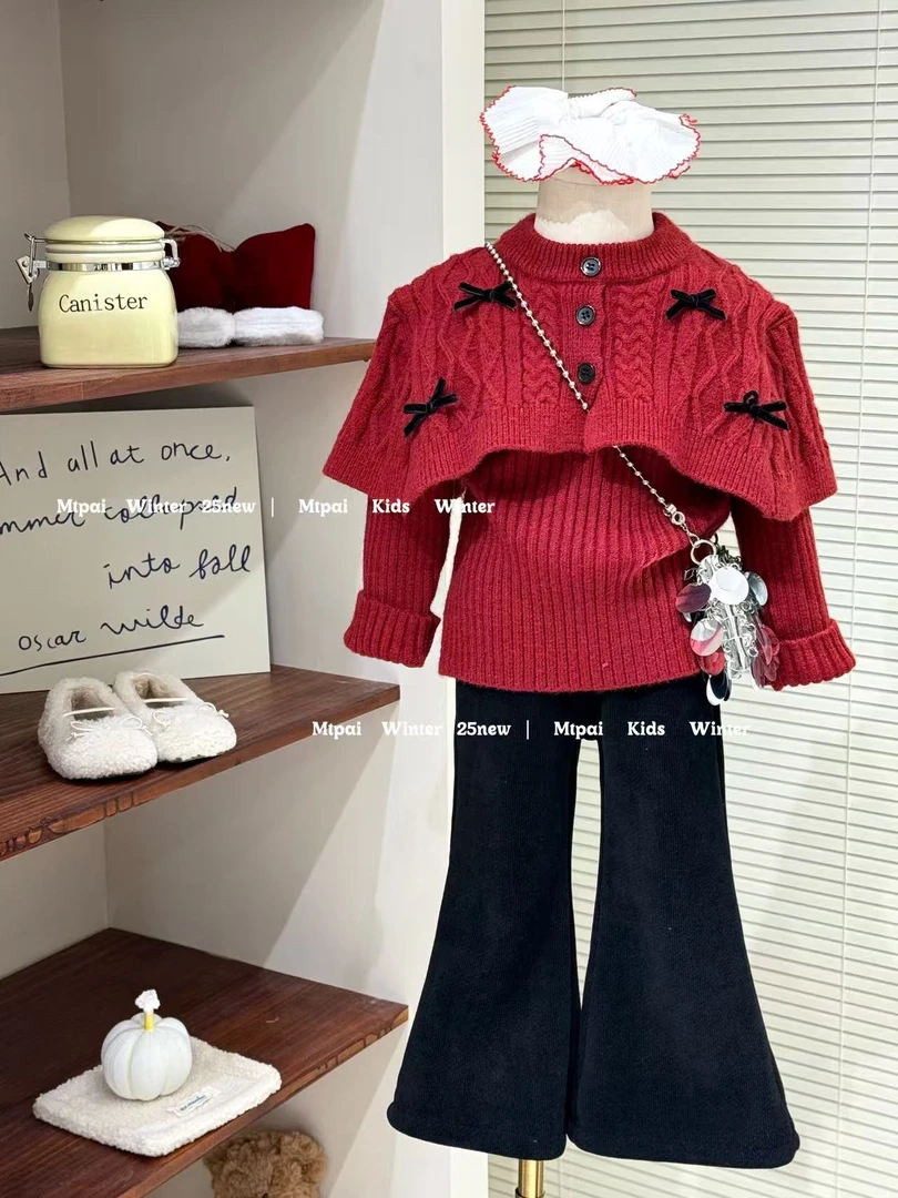 新年款超厚实加厚披肩红色蝴蝶结毛衣配黑色加绒喇叭裤套装