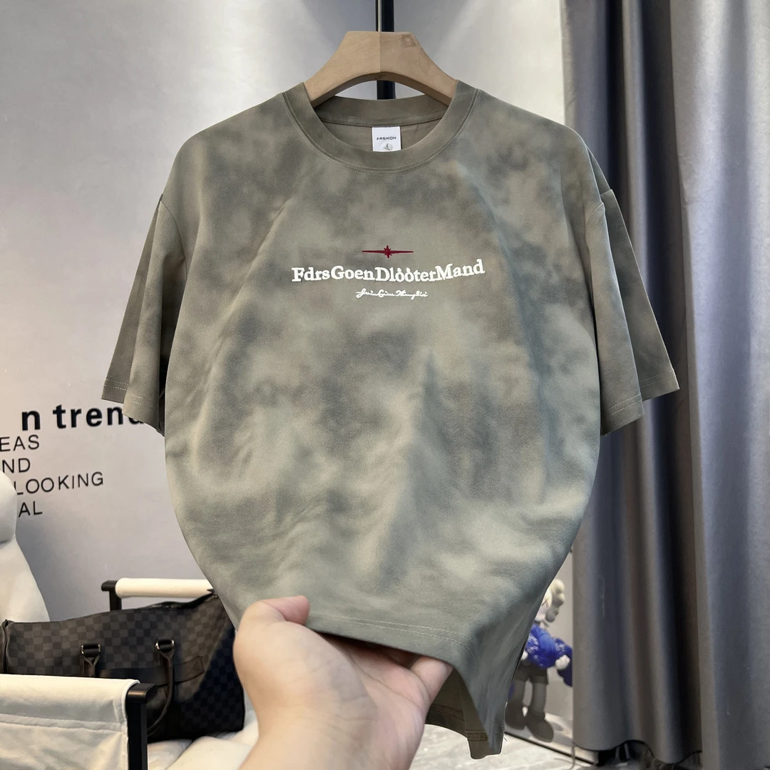 男士2025夏季重工字母刺绣新款时尚扎染圆领凉感短袖T恤【109810】