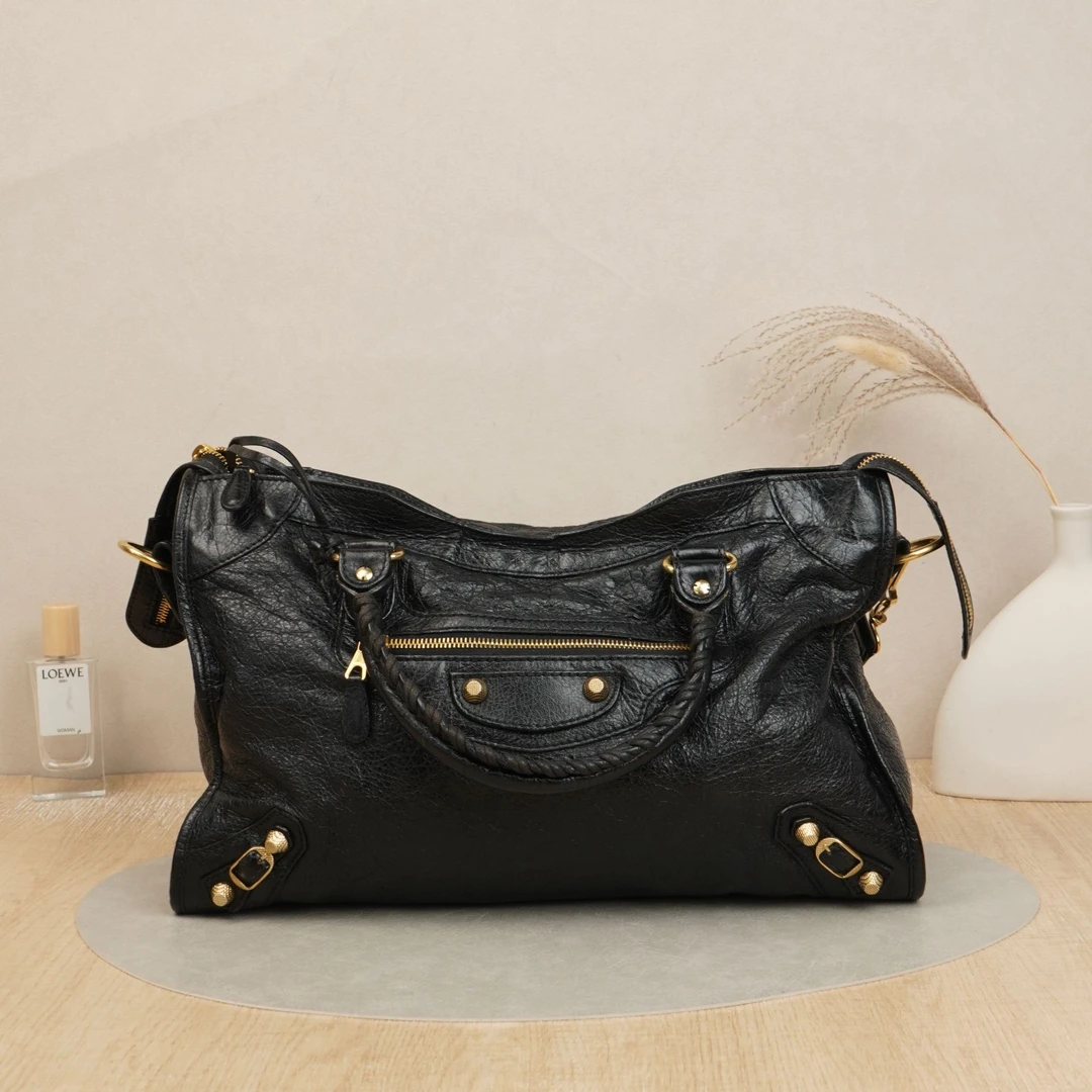 95新 Balenciaga/巴黎世家 巴黎世家机车包中号黑金牛皮/DS037598