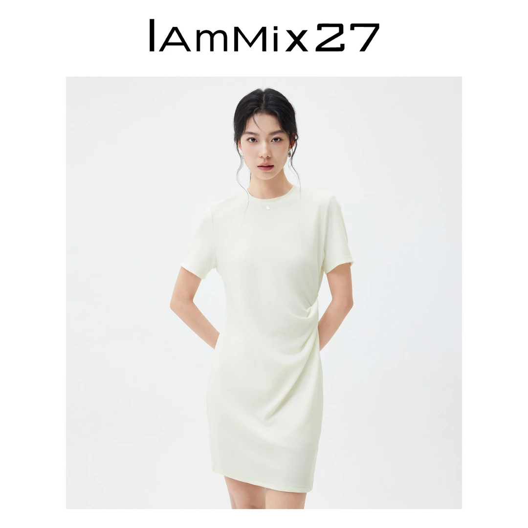 Iammix27夏季短袖连衣裙女简约不对称收腰圆领套头A字裙Z5B9003
