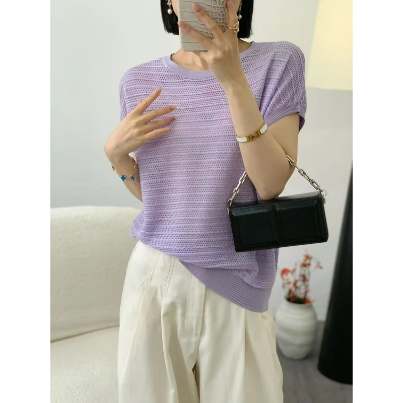 【思思精选】2025夏季圆领短袖纯色镂空气质休闲百搭针织衫A650#
