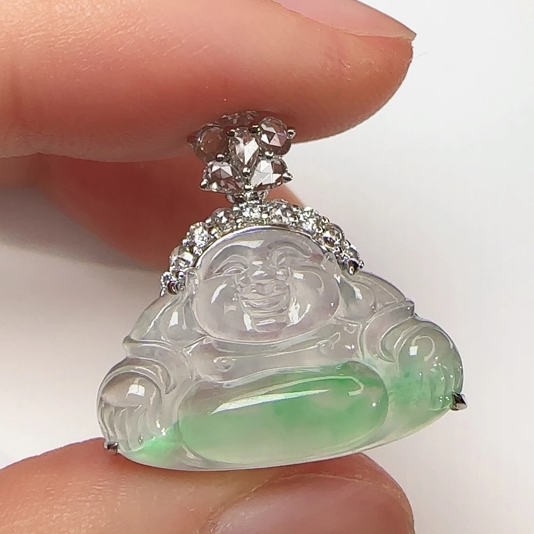 翡翠18K金镶嵌颈饰高冰一刀切金丝翠佛公