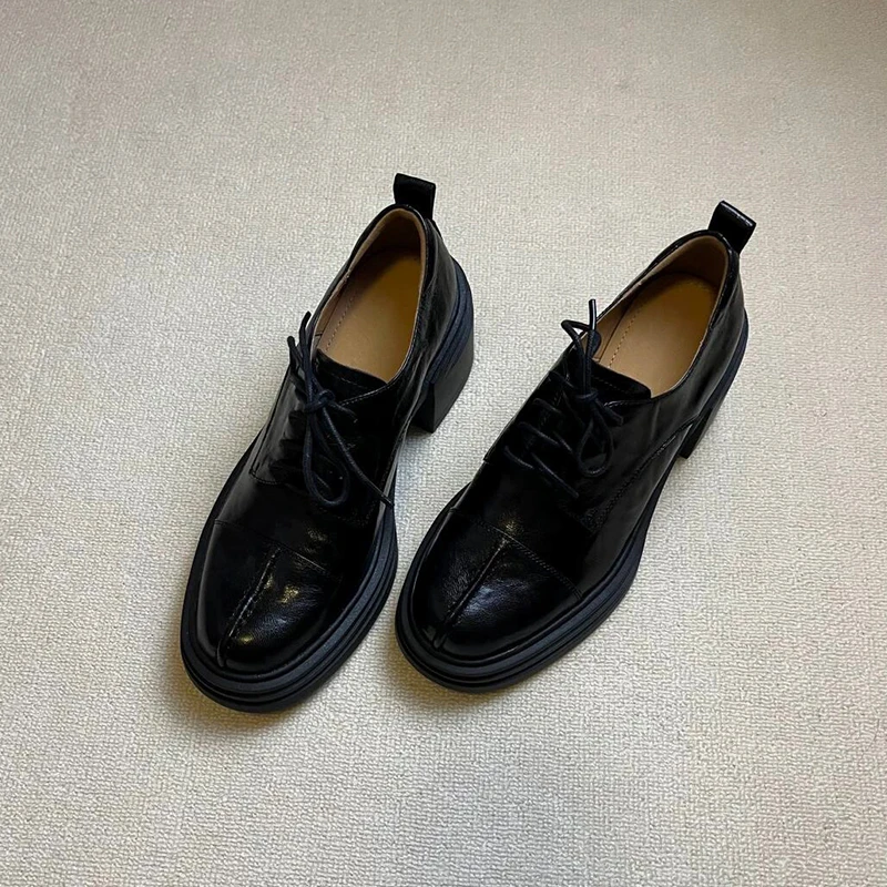 羊皮版~复古高跟乐福鞋女系带黑色小皮鞋小个子厚底粗跟单鞋