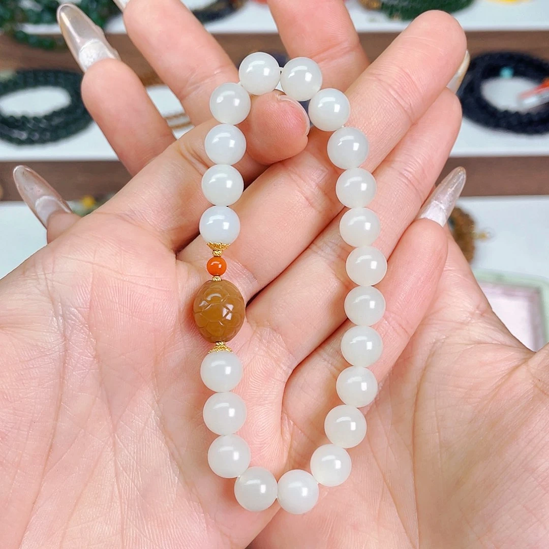 和田玉8mm色标山流水白玉富甲设计款未镶嵌