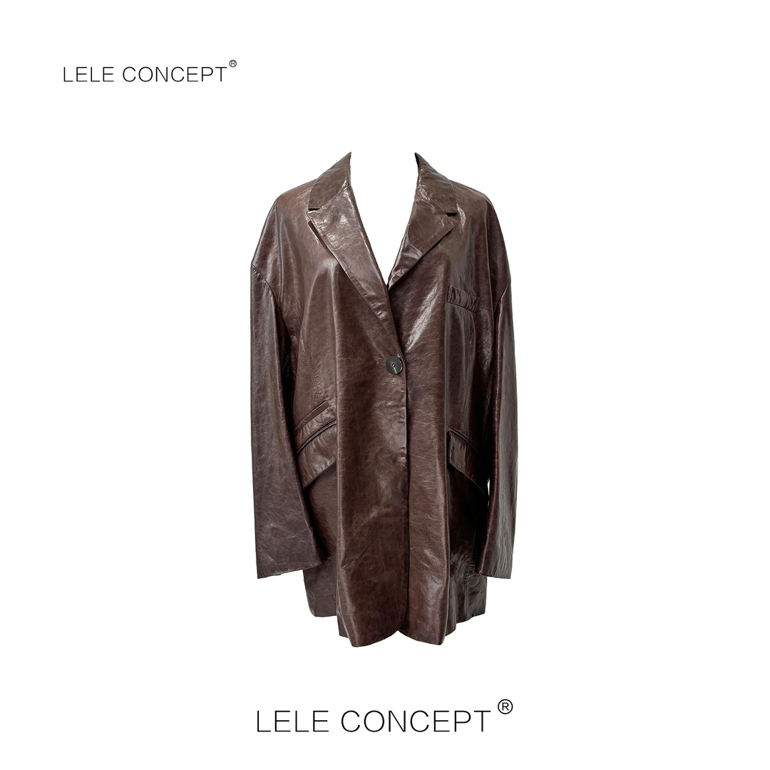 LELE CONCEPT丨时装复古气质款落肩翻袖皮衣P0054