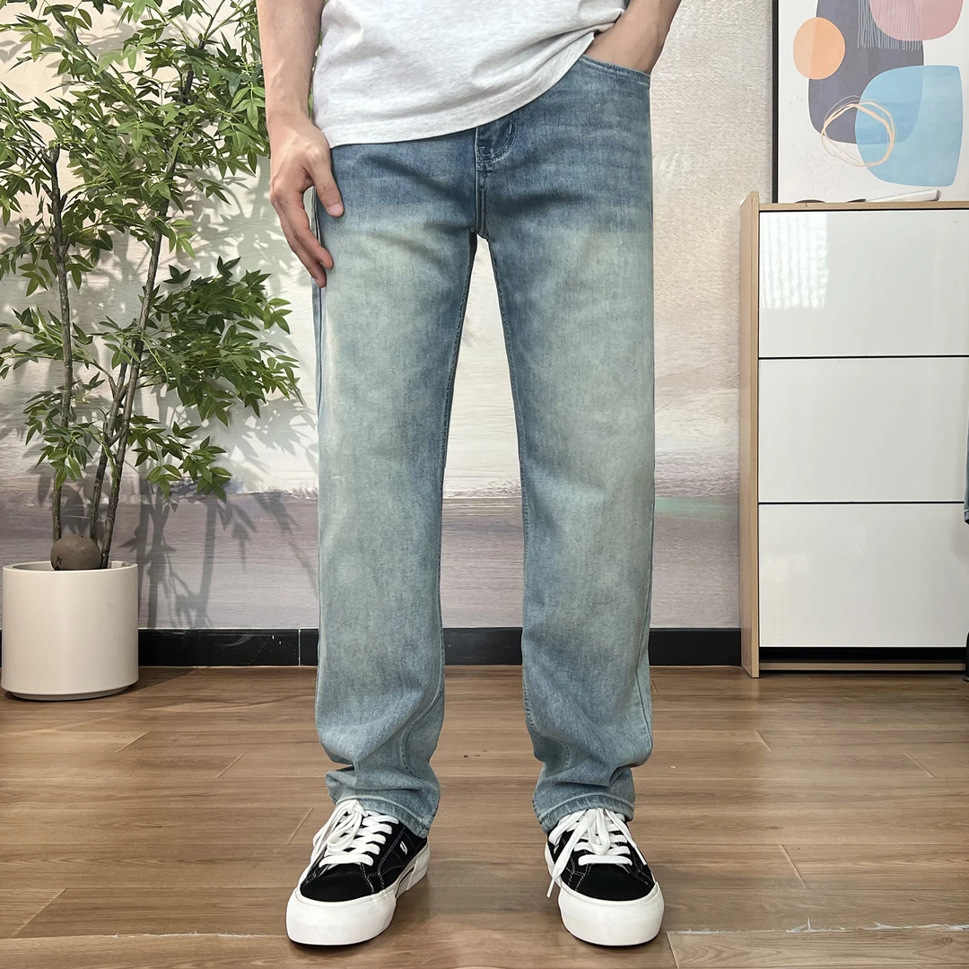 【弹力直筒】2025早秋浅蓝牛仔裤男复古宽松直筒男士百搭休闲长裤子