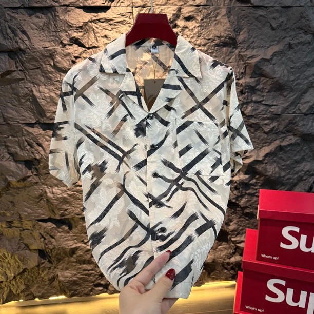 夏季男士痞帅超薄透气领短袖印花衬衫