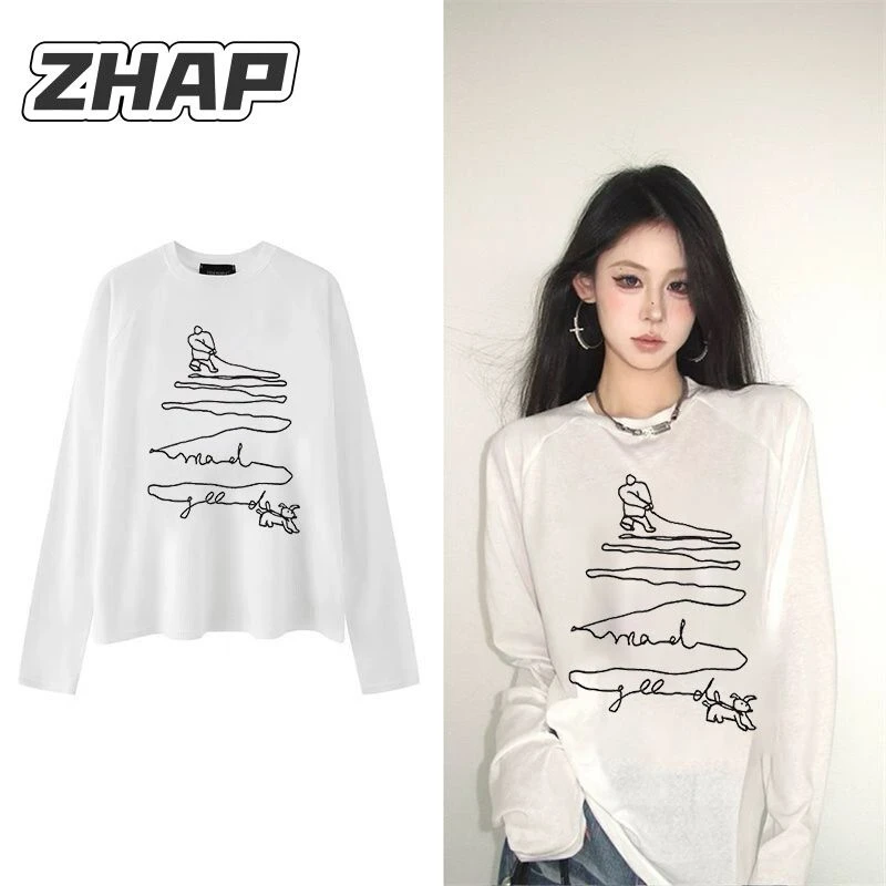 【ZHAP】新款早秋款防晒罩衫圆领长袖t恤女线条印花爆款百搭港风潮