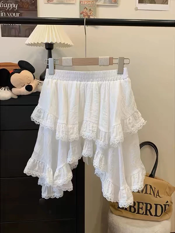 小个子小白裙女2025夏季短裙子不规则蕾丝蛋糕白色半身裙高腰短裙
