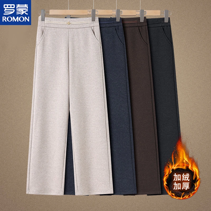 罗蒙中老年人毛呢裤子妈妈直筒休闲加绒加厚女棉裤秋冬季奶奶装